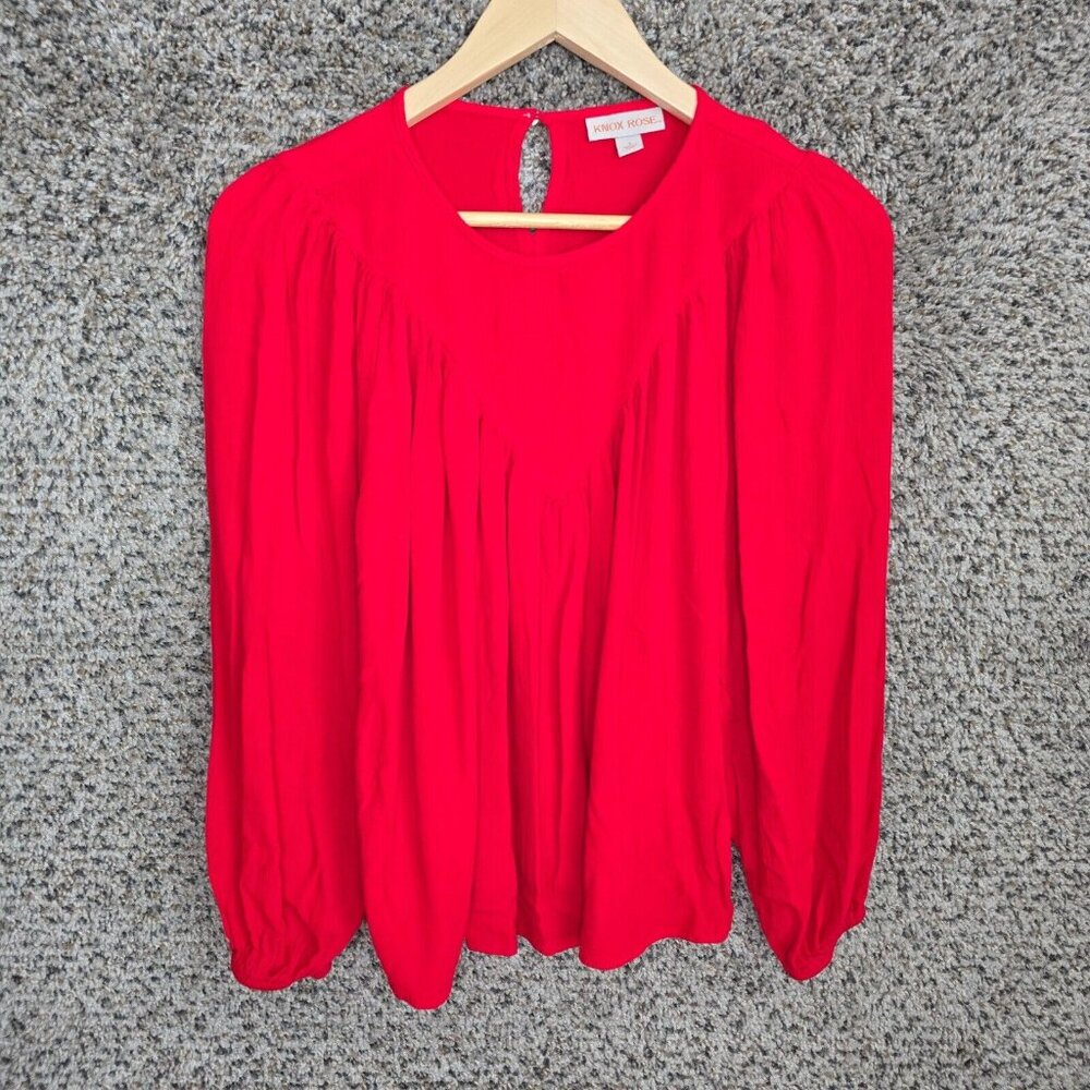 Knox Rose Top Womens Small Red Bishop Sleeve Blouse Keyhole Button Ladies